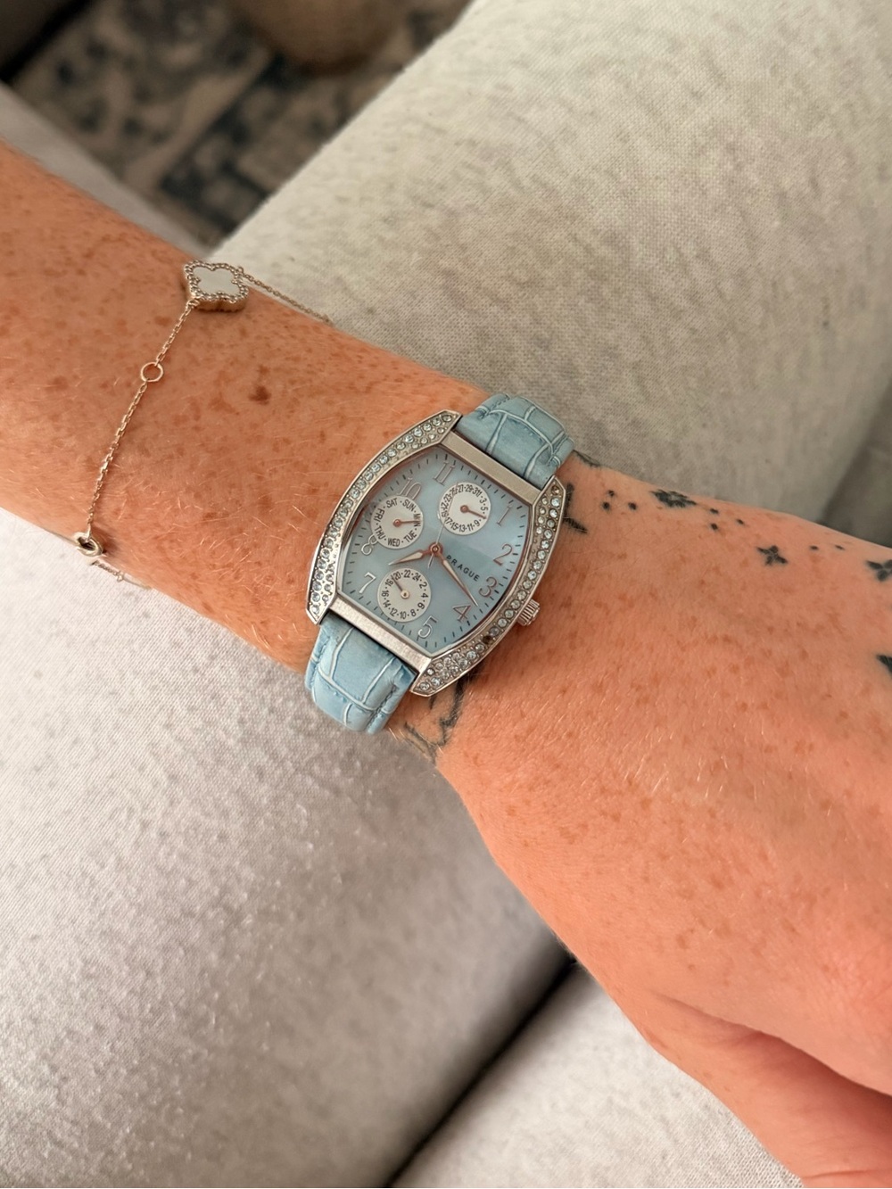 Prague Light Blue Leather-Strap Watch with Crystal Bezel